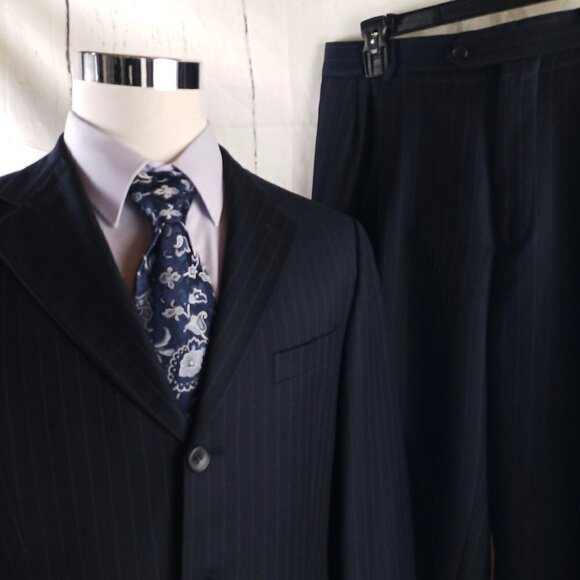 Joseph Abboud 40S Super 100s Wool 3 Button Deep Blue Striped Suit 32x28½ Pleated - Picture 1 of 16
